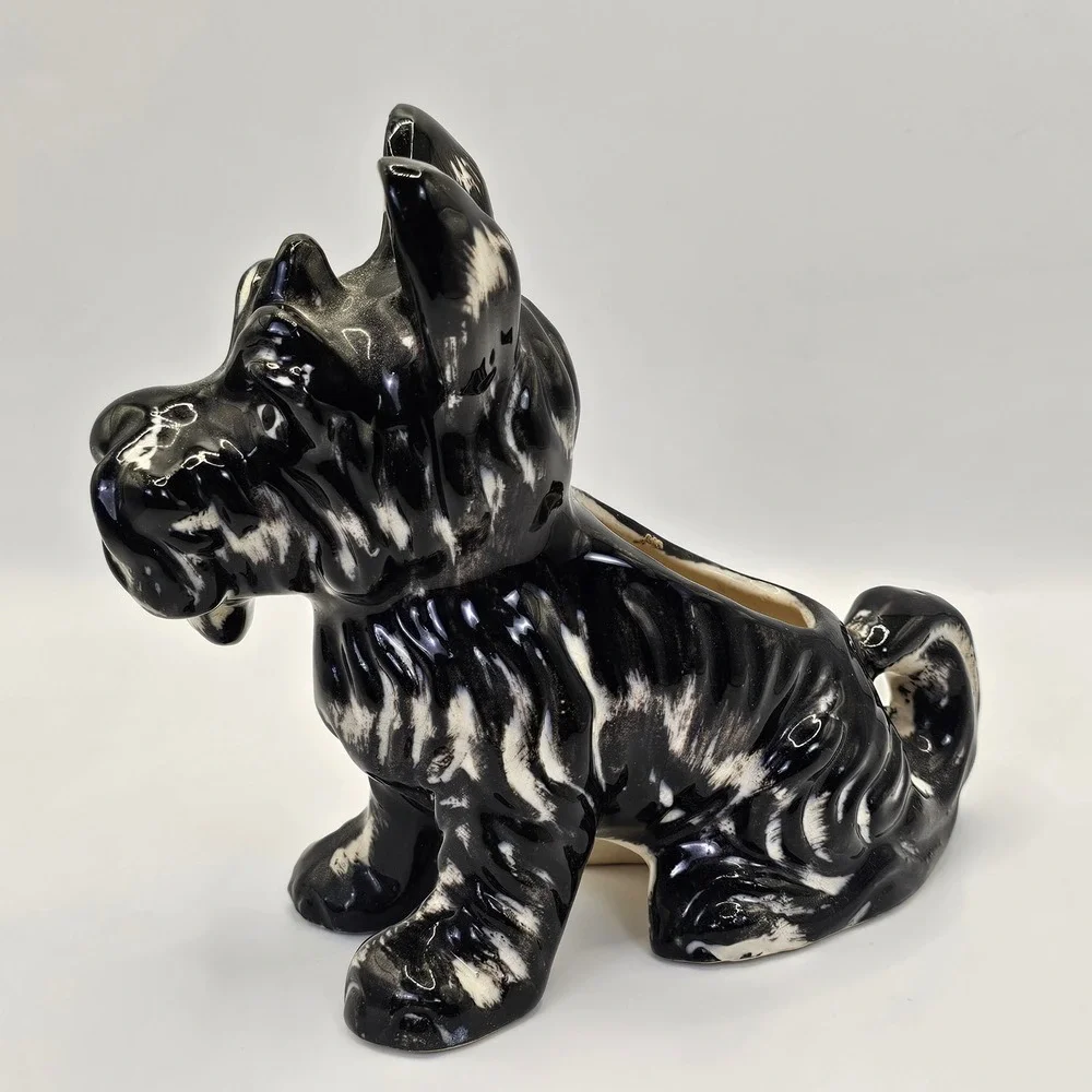 Vintage Japan Scottie Dog Planter Ceramic Black‎ White Mid Century Figurine MCM